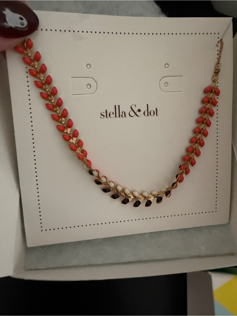 Stella & Dot Coral  and black/white reversible Leaf Statement Necklace